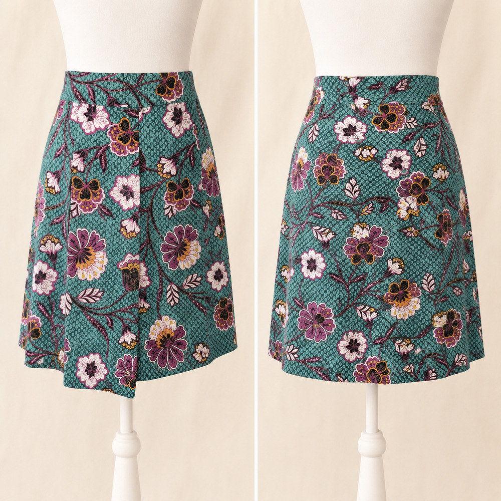 LOFT Size 2 Floral Wrap Look Skirt Teal Rayon Cottagecore Boho Garden Whimsical